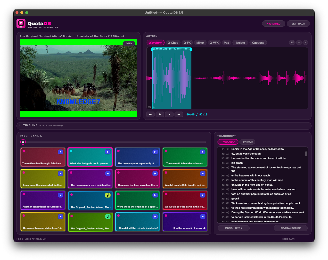 Quota DS shows transcript text, sample pads, and the selected waveform together.